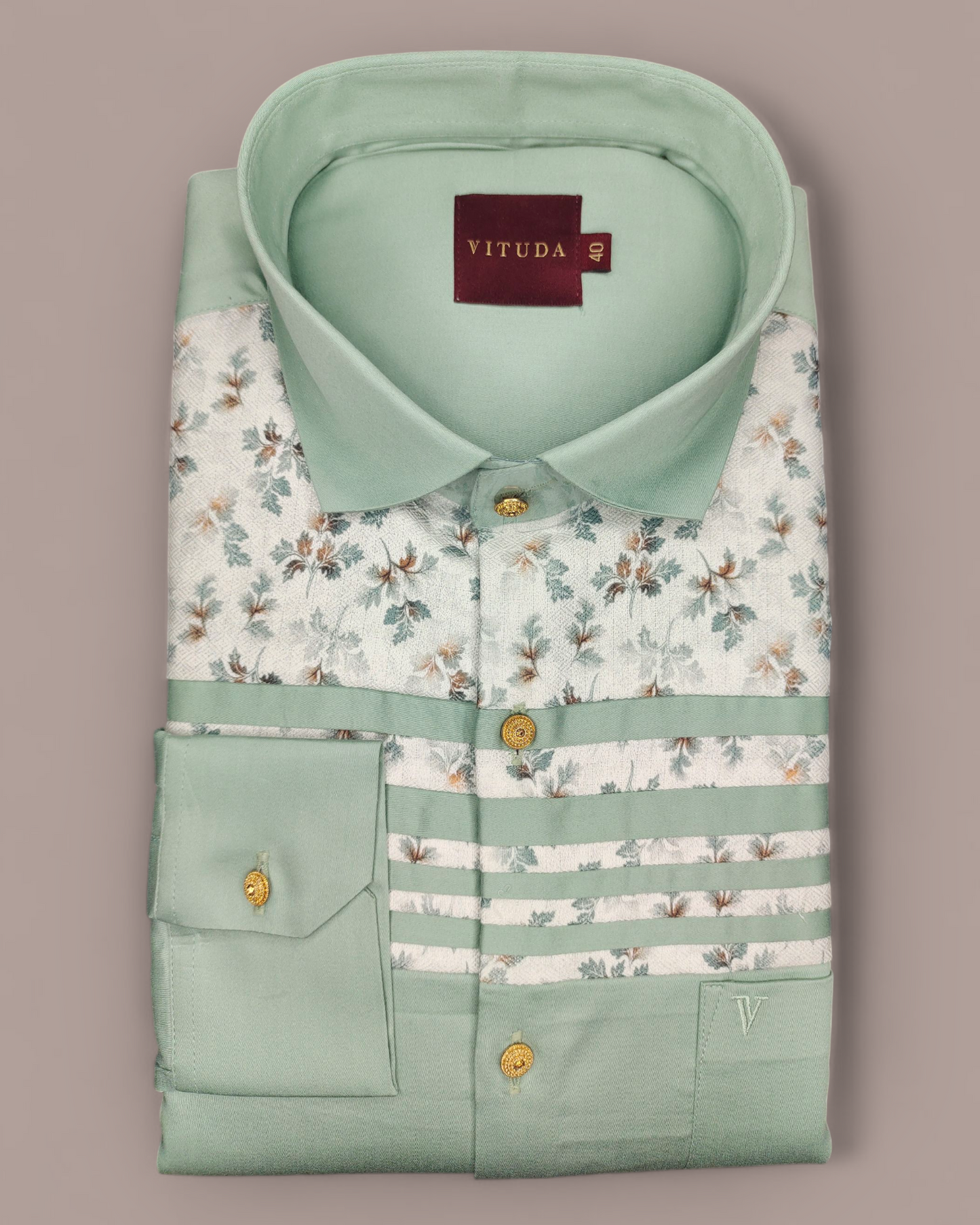 Men's Full Sleeves Mint Green Floral Designer Shirt with Golden Buttons – Premium Smart Fit
