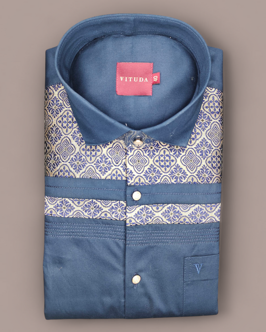 Men’s Royal Blue Full Sleeves Party Wear Shirt with Golden Jacquard Pattern