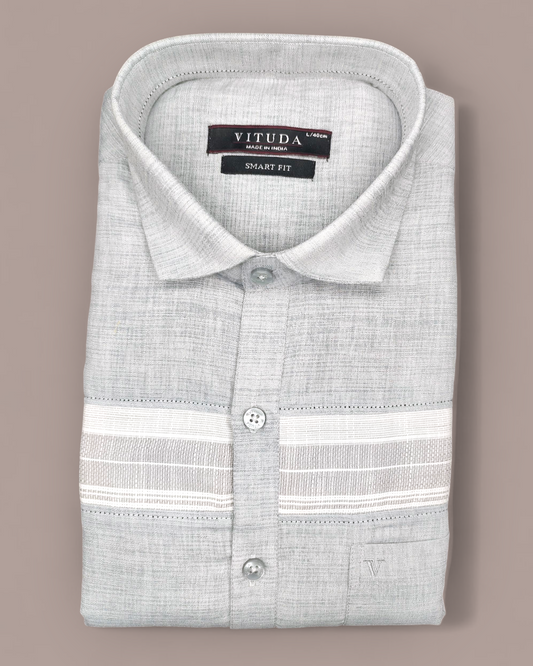 Men's Light Grey Textured Full Sleeves Cotton Shirt with White Panel Detailing
