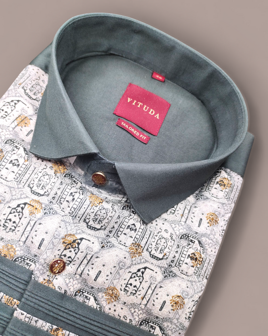 Men's Printed Full Sleeves Party Wear Shirt – Grey & Gold Elephant Motif