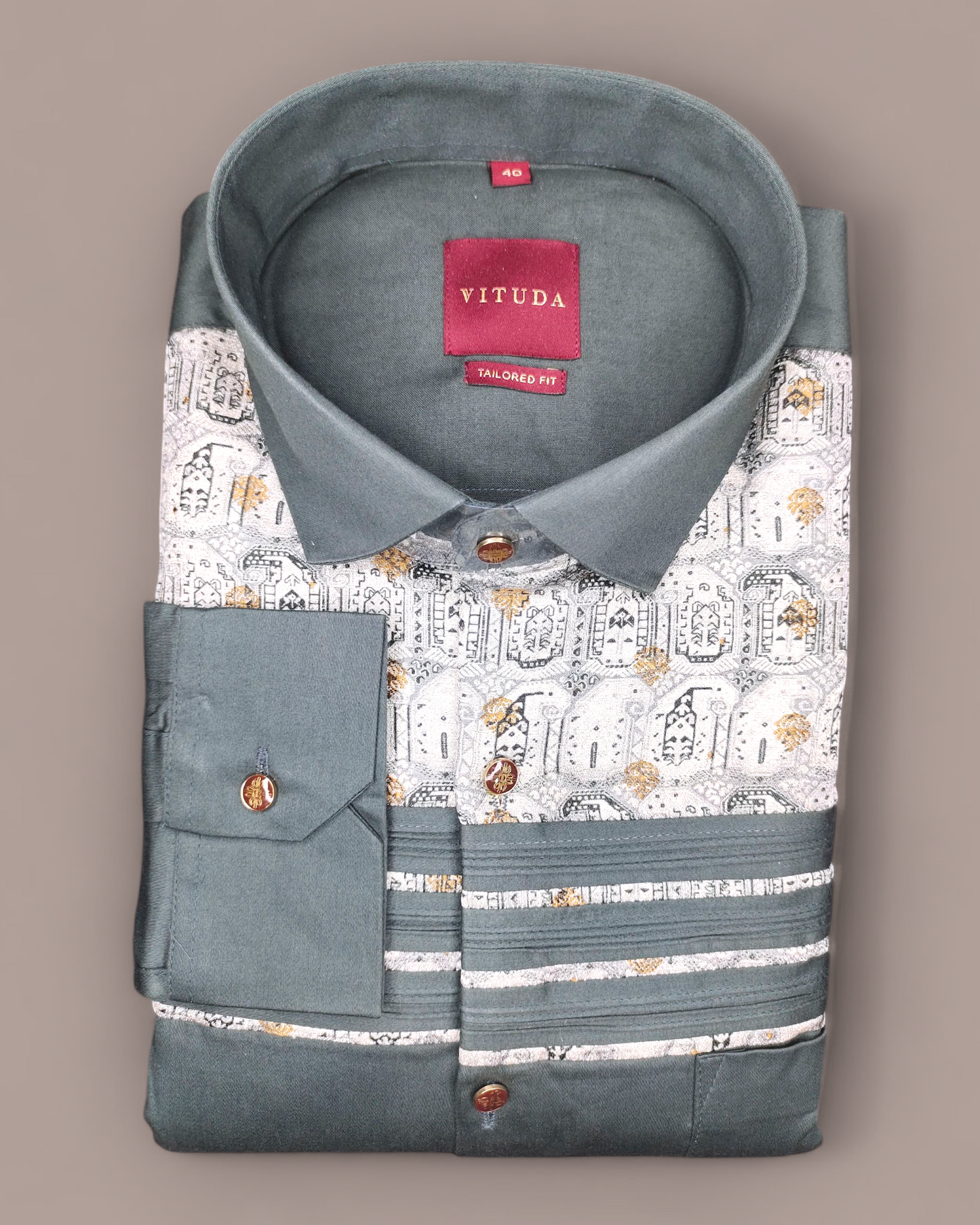 Men's Printed Full Sleeves Party Wear Shirt – Grey & Gold Elephant Motif