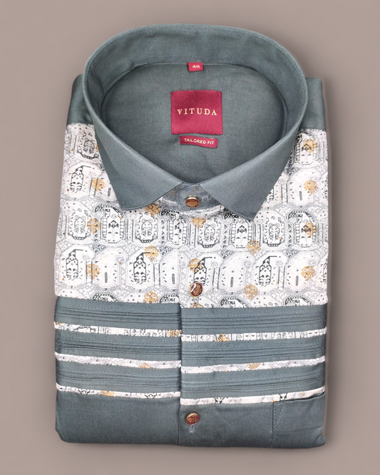Men's Printed Full Sleeves Party Wear Shirt – Grey & Gold Elephant Motif