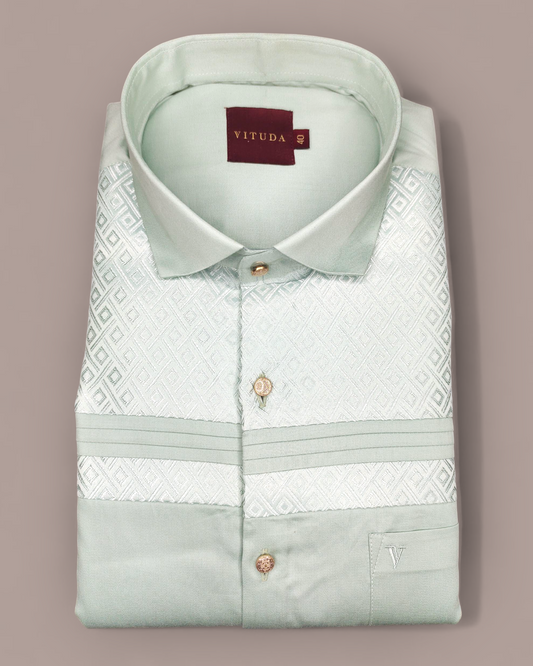 Men's Mint Green Luxury Jacquard Full Sleeves Party Wear Shirt