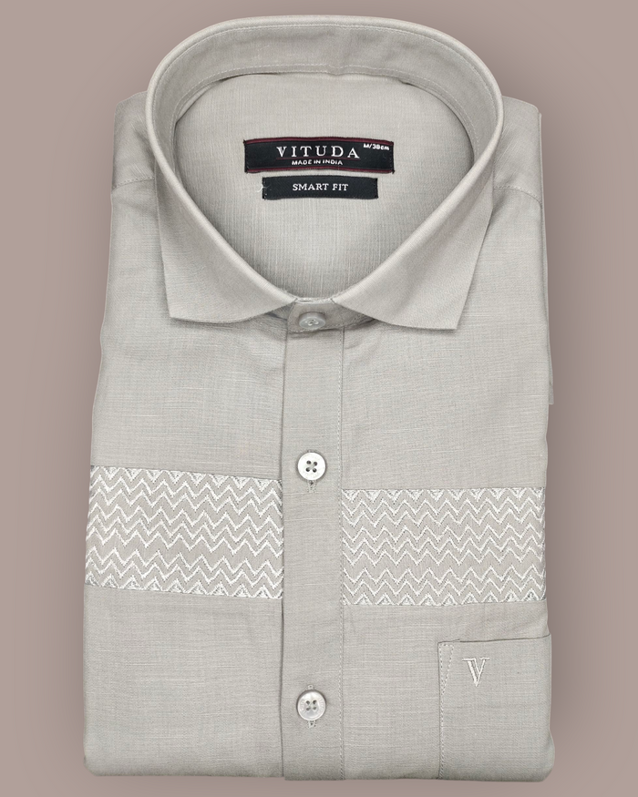 Men’s Light Grey Embroidered Full Sleeves Party Wear Shirt – Premium Festive & Party Wear