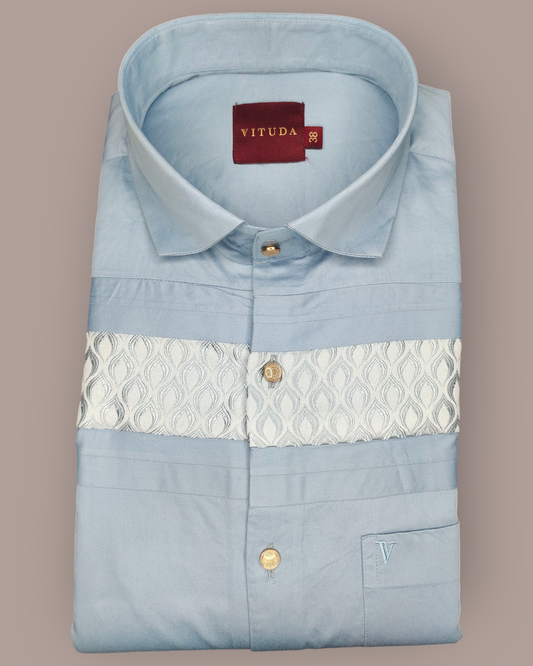 Men's Sky Blue Premium Smart Fit Full Sleeves Party Wear Shirt with Elegant Silver Jacquard Detailing