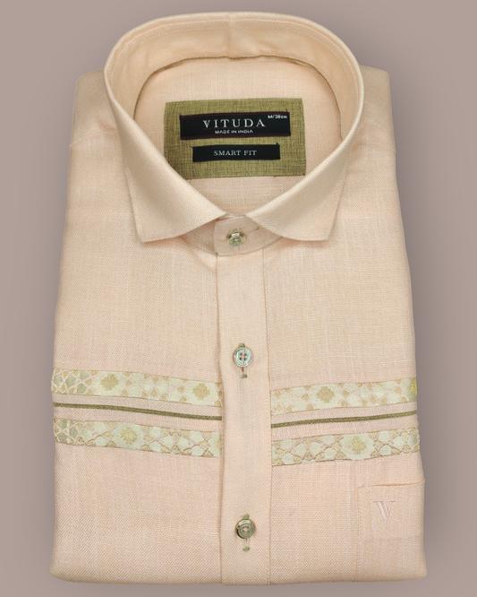 Men's Peach Full Sleeves Party Wear Shirt with Elegant Golden Detailing