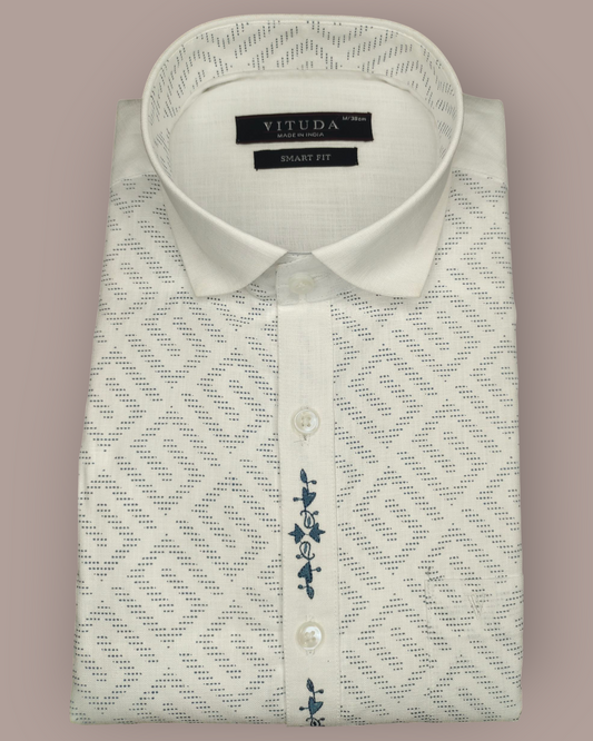 Men’s White Full Sleeves Shirt with Subtle Geometric Print & Printed Placket
