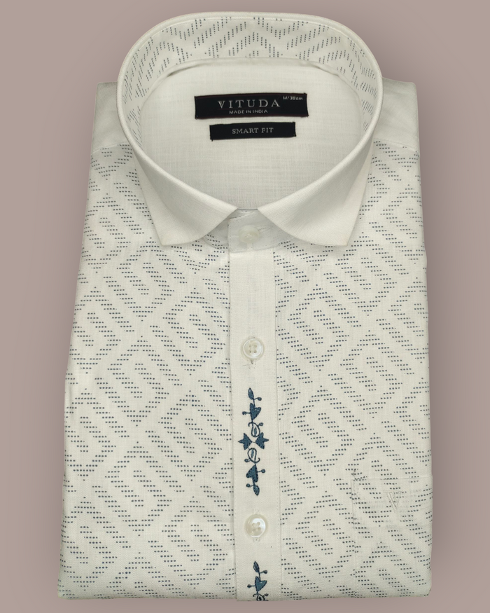 Men’s White Full Sleeves Shirt with Subtle Geometric Print & Printed Placket