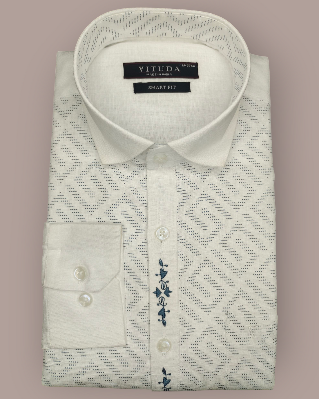 Men’s White Full Sleeves Shirt with Subtle Geometric Print & Printed Placket