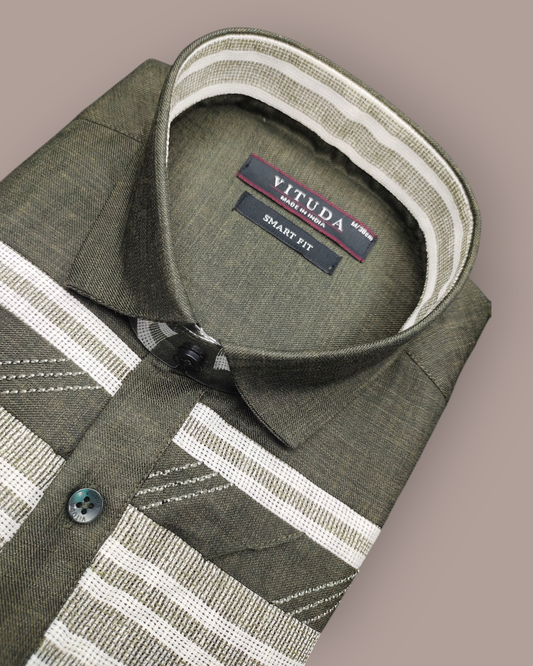 Men's Olive Green Full Sleeves Party Wear Shirt with White Woven Stripes – Casual & Semi-Formal Wear