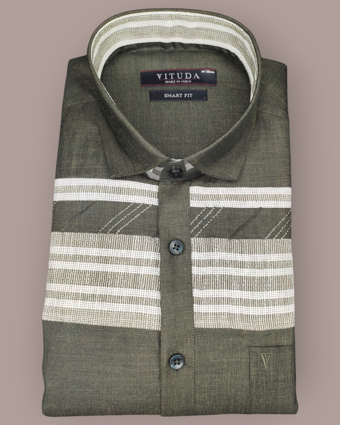 Men's Olive Green Full Sleeves Party Wear Shirt with White Woven Stripes – Casual & Semi-Formal Wear