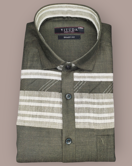 Men's Olive Green Full Sleeves Party Wear Shirt with White Woven Stripes – Casual & Semi-Formal Wear