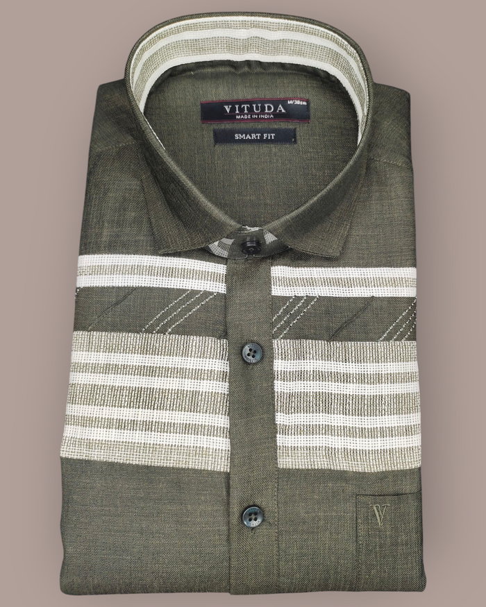 Men's Olive Green Full Sleeves Party Wear Shirt with White Woven Stripes – Casual & Semi-Formal Wear