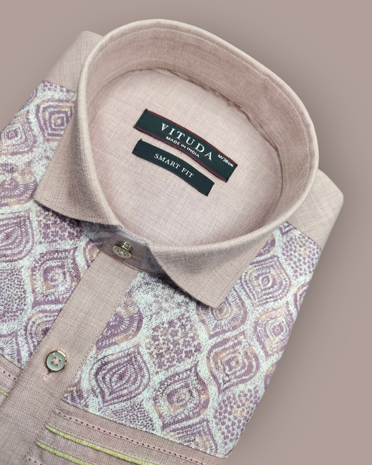 Men’s Full Sleeves Party Wear Shirt – Pink Blend with Ethnic Pattern Detailing