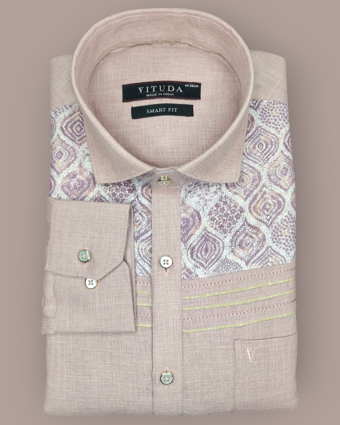 Men’s Full Sleeves Party Wear Shirt – Pink Blend with Ethnic Pattern Detailing