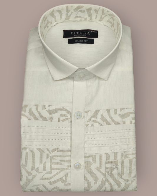 Men's Premium White Full Sleeves Party Wear Shirt with Subtle Beige Pattern Detailing