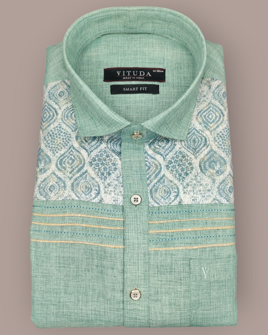 Men's Green Full Sleeve Party Wear Shirt with Ethnic Print & Contrast Detailing