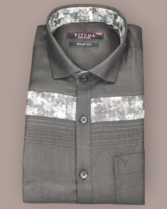 Men's Dark Grey Textured Full Sleeve Shirt with Floral Panel Design