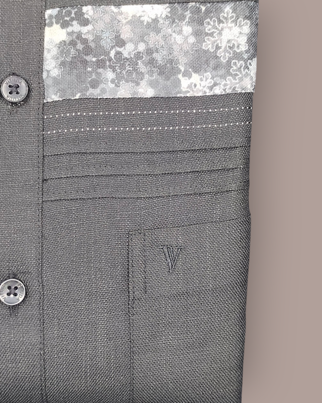 Men's Dark Grey Textured Full Sleeve Shirt with Floral Panel Design