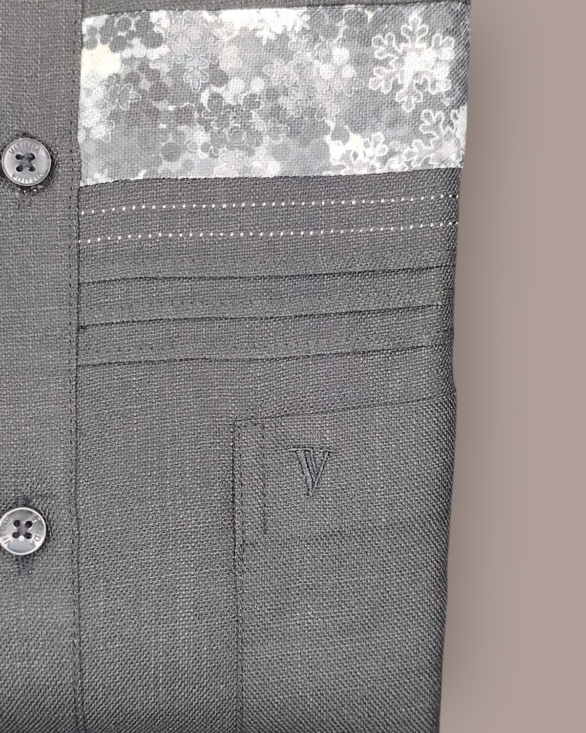 Men's Dark Grey Textured Full Sleeve Shirt with Floral Panel Design