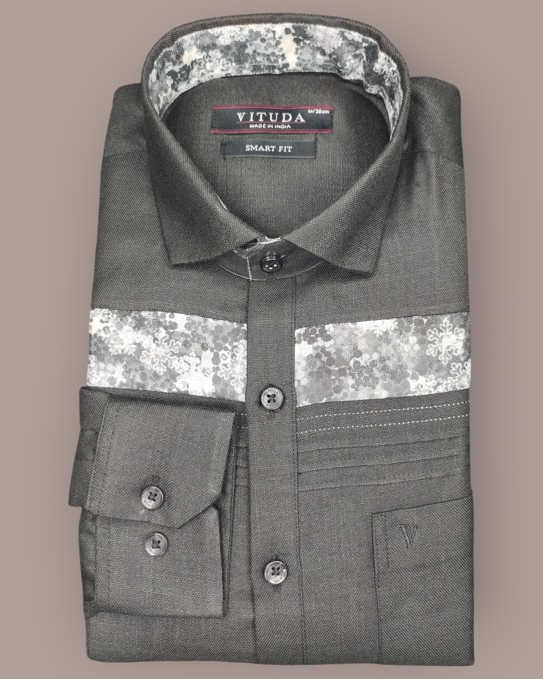 Men's Dark Grey Textured Full Sleeve Shirt with Floral Panel Design