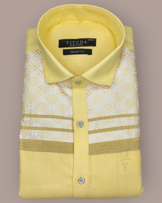 Men’s Full Sleeve Yellow Designer Shirt with Jacquard Pattern