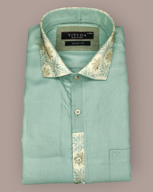 Men's Pastel Green Full Sleeve Shirt with Printed Collar & Placket Detailing