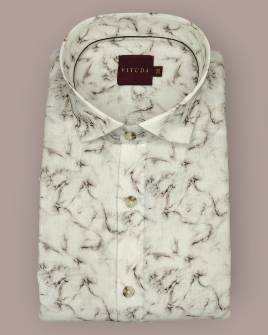 Men’s White Marble Print Linen Look Full Sleeve Shirt