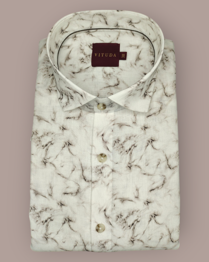 Men’s White Marble Print Linen Look Full Sleeve Shirt