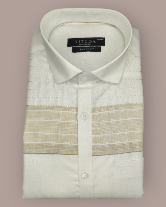 Men’s White & Beige Striped Cotton Blend Full Sleeves Party Wear Shirt