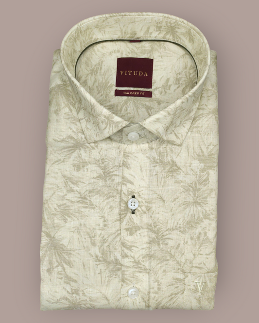 Men’s Beige Tropical Print Linen Look Full Sleeve Shirt