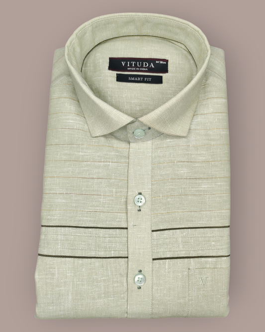 Men’s Beige Linen Textured Full Sleeves Party Wear Shirt with Stylish Panel Detailing