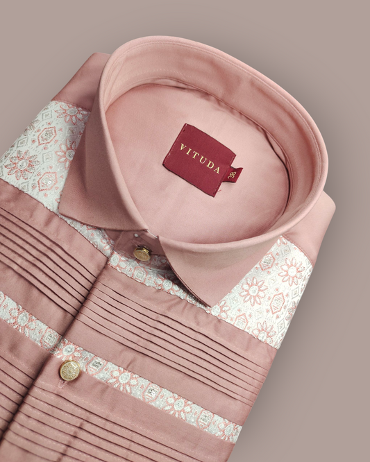 Men’s Pink Full Sleeves Party Wear Shirt – Embroidered Detailing with Gold Buttons
