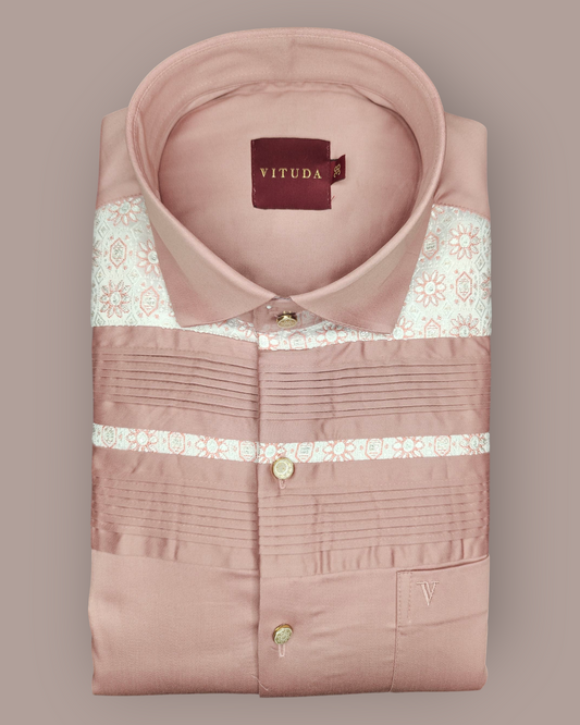 Men’s Pink Full Sleeves Party Wear Shirt – Embroidered Detailing with Gold Buttons