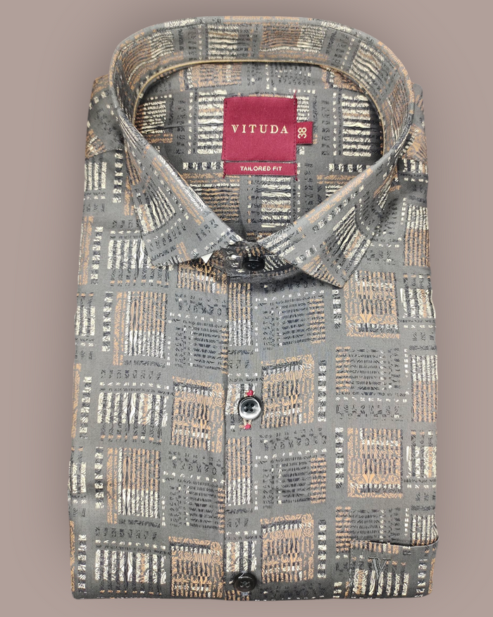 Men’s Glossy Dark Grey Printed Full Sleeve Shirt