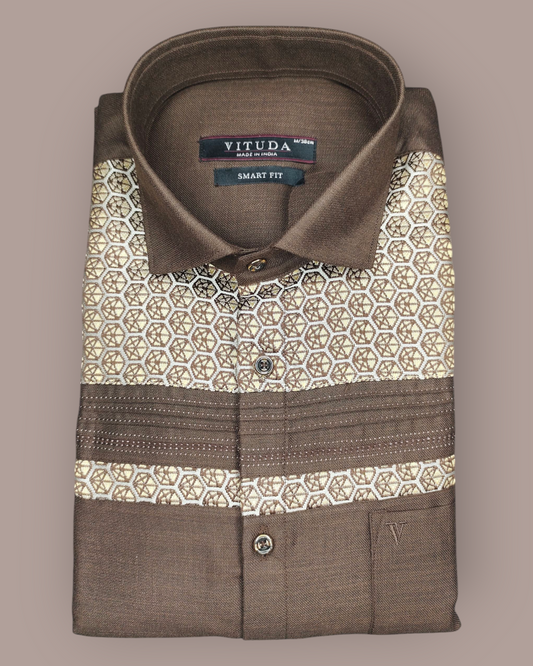 Men's Brown Full Sleeves Party Wear Shirt – Geometric Embroidered Panel Design