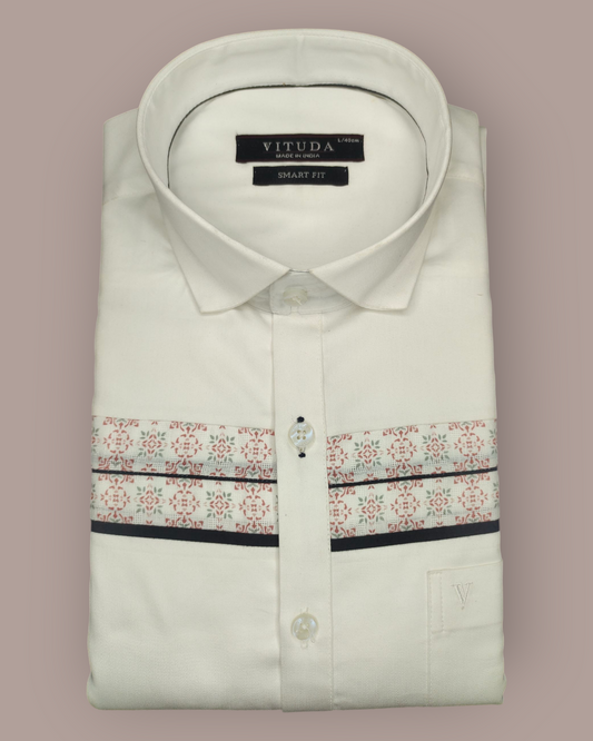 Men’s Off White Full Sleeve Party Wear Shirt – Geometric Panel Design