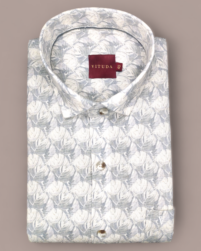 Men’s Grey Leaf Print Half Sleeves Shirt – Smart Casual Wear