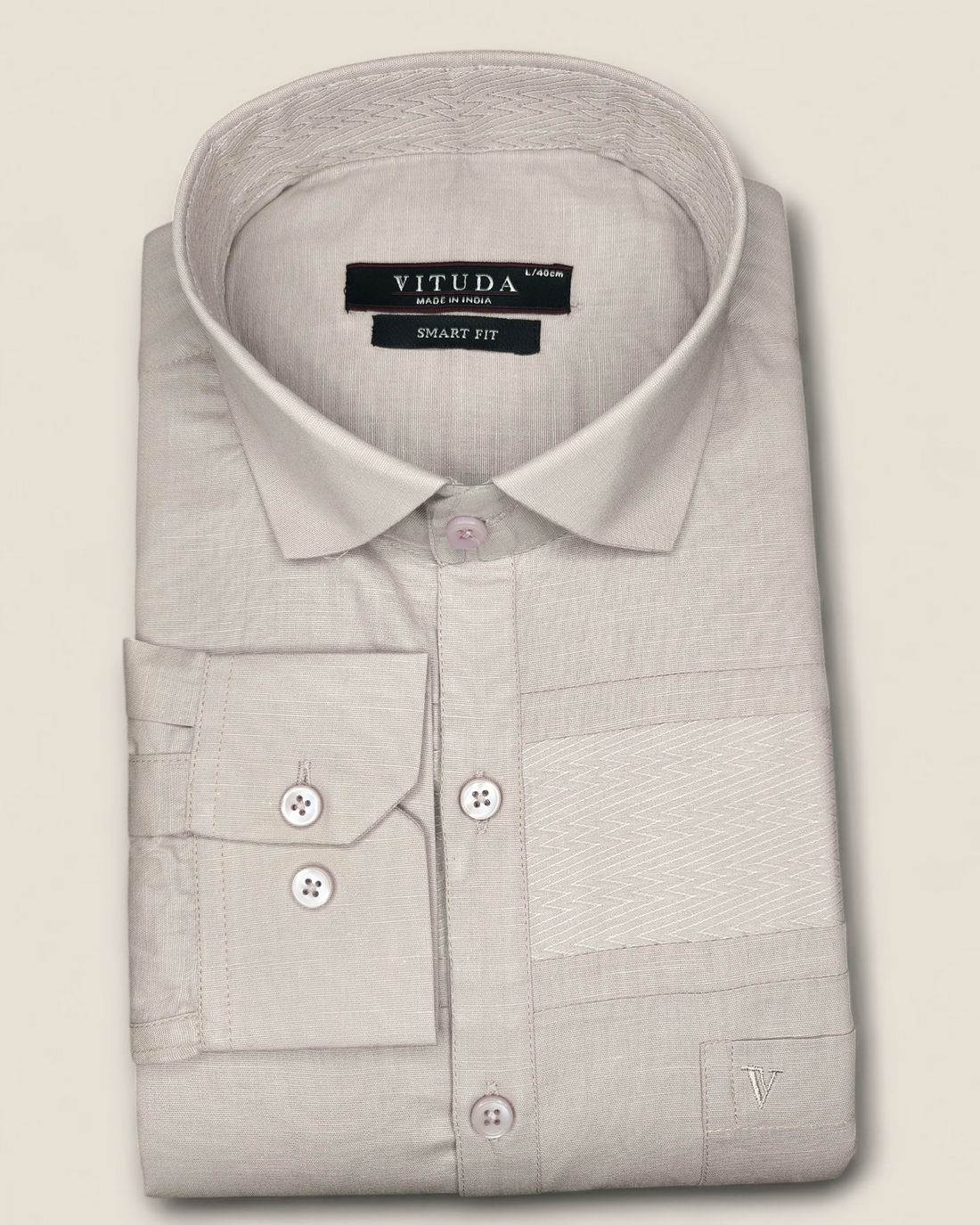 Men’s Full Sleeves Cotton-Linen Shirt – Beige with Grey Stripe Accents
