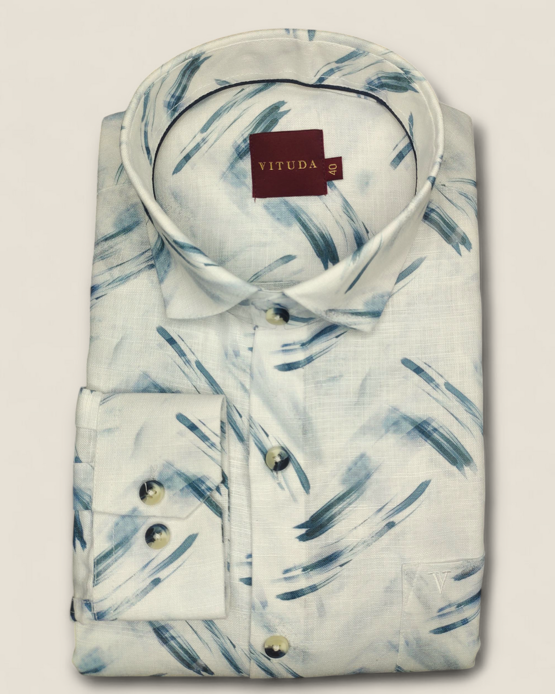 Men's Full Sleeves White Shirt with Blue Brushstroke Print