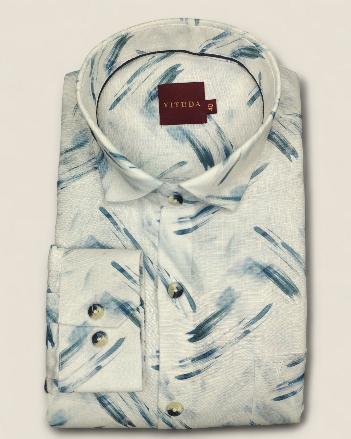 Men's Full Sleeves White Shirt with Blue Brushstroke Print