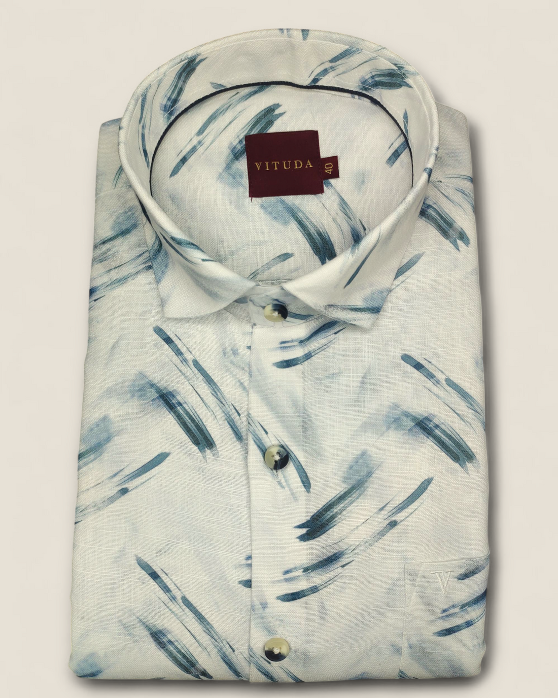 Men's Full Sleeves White Shirt with Blue Brushstroke Print