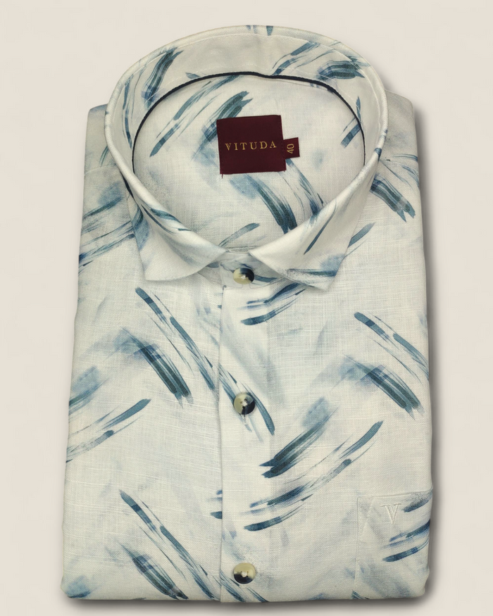 Men's Full Sleeves White Shirt with Blue Brushstroke Print