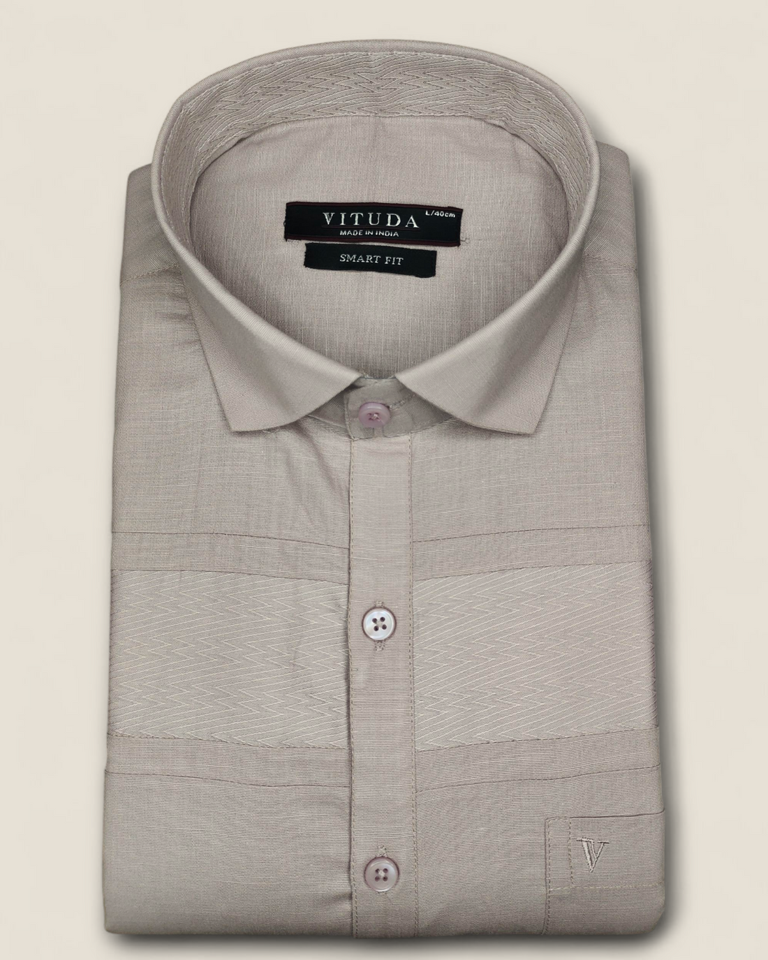 Men’s Full Sleeves Cotton-Linen Shirt – Beige with Grey Stripe Accents