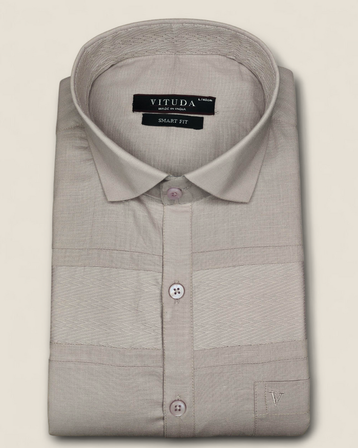 Men’s Full Sleeves Cotton-Linen Shirt – Beige with Grey Stripe Accents