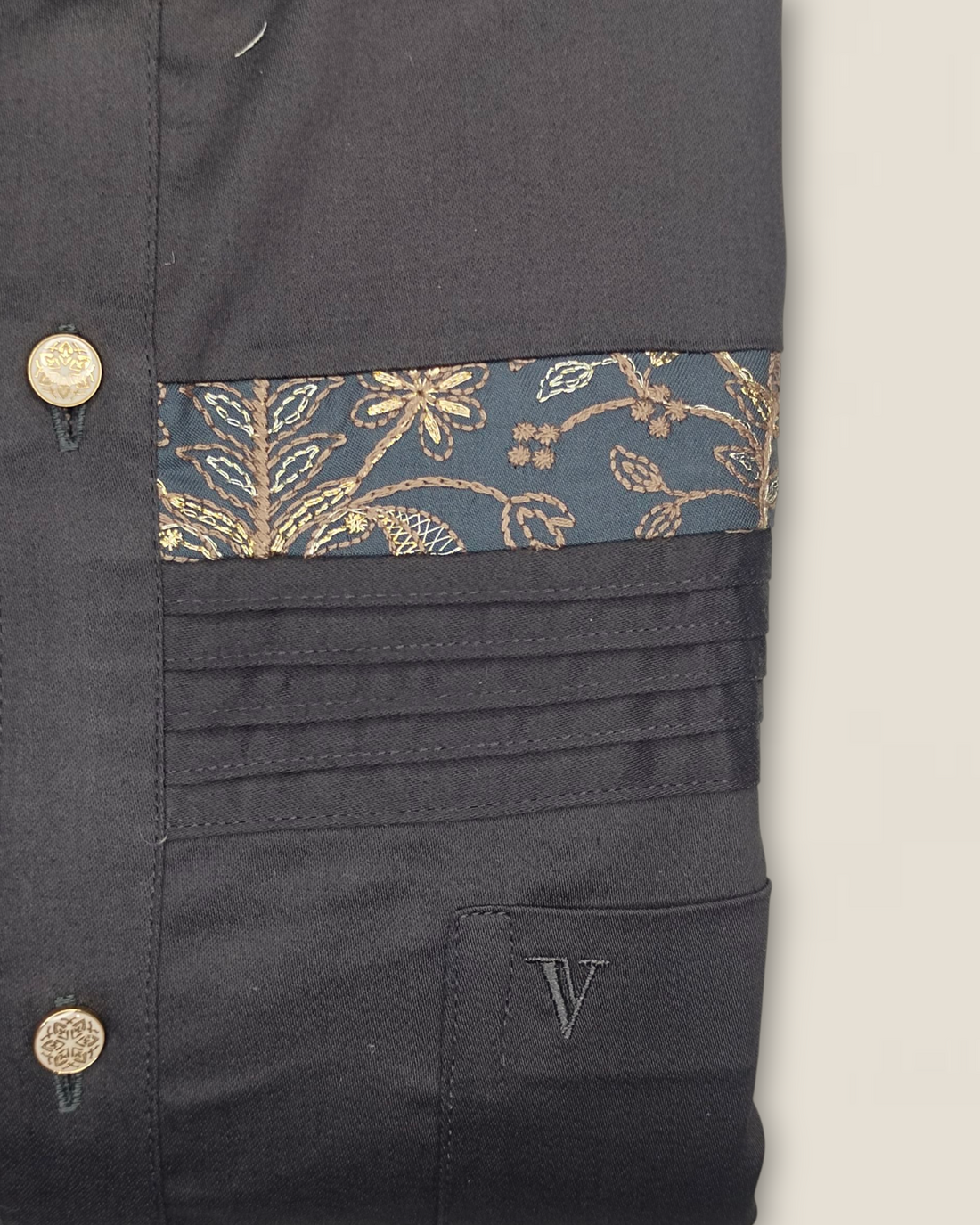 Men's Black Full Sleeves Shirt with Royal Gold Embroidery Detailing