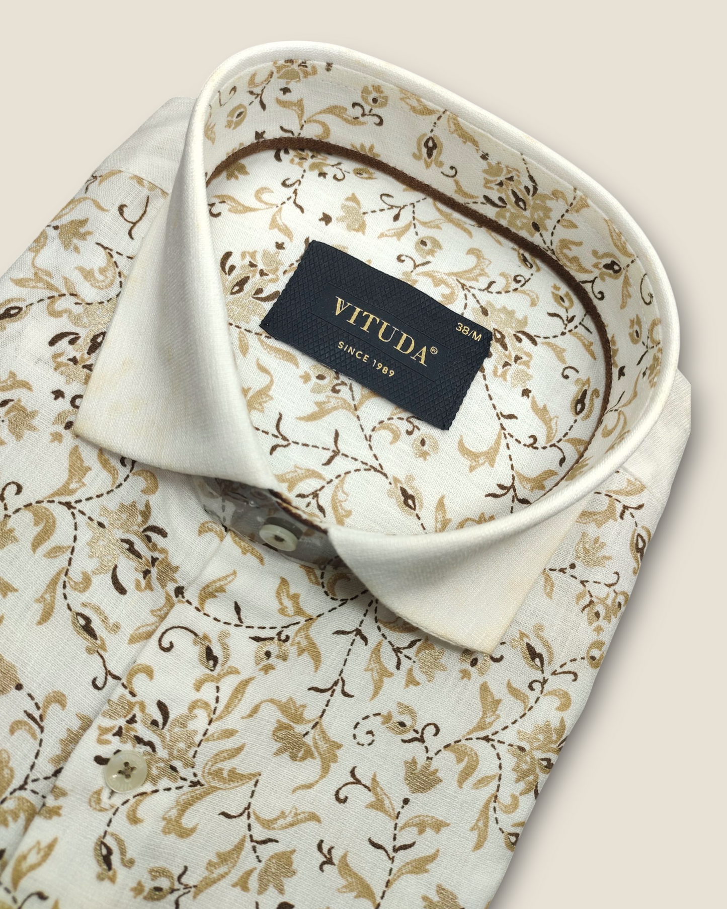 Men's Half Sleeves Embroidered Floral Cotton Shirt - Elegant Beige & Brown Design