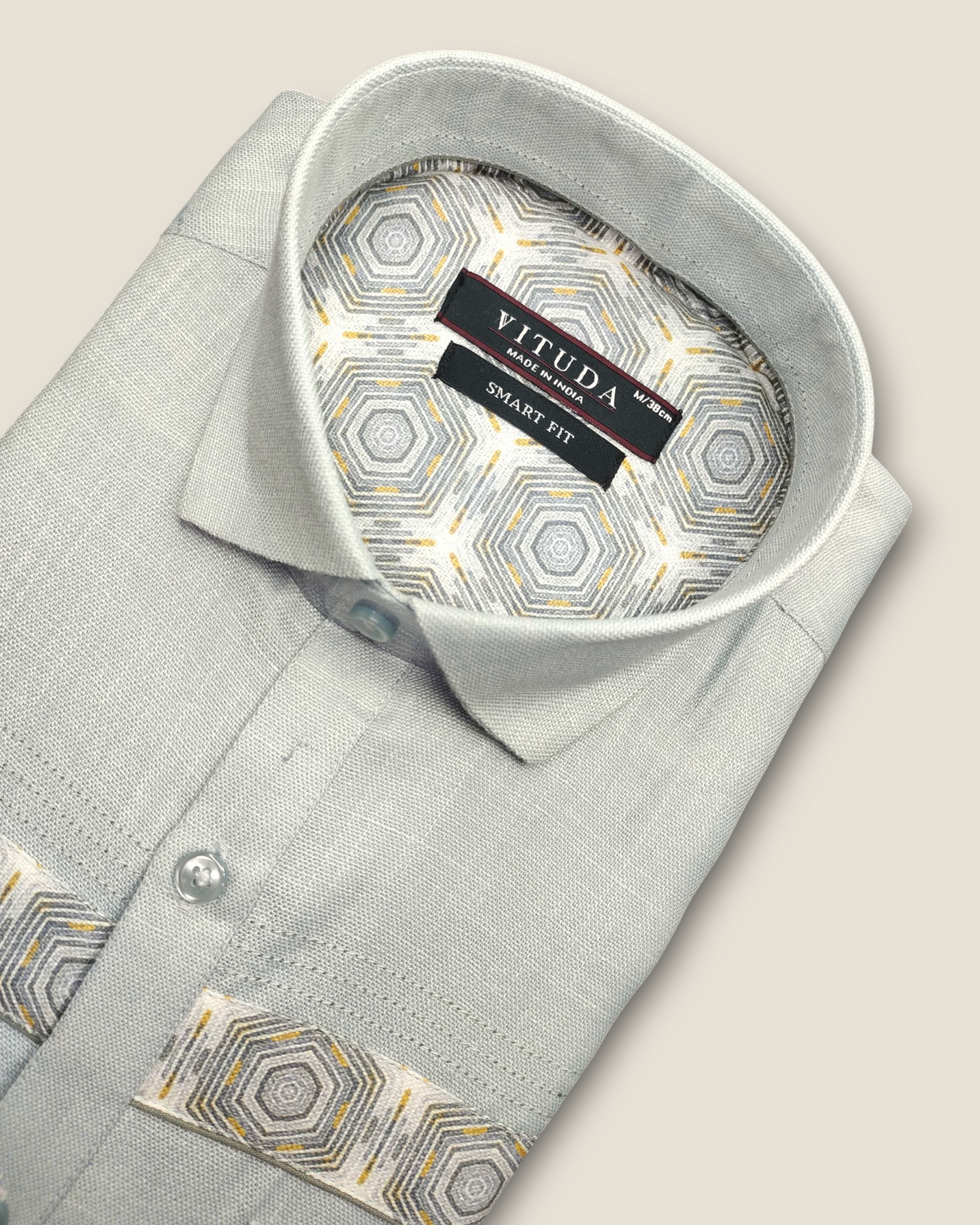 Men's Half Sleeves Party Wear Shirt - Light Grey with Geometric Pattern