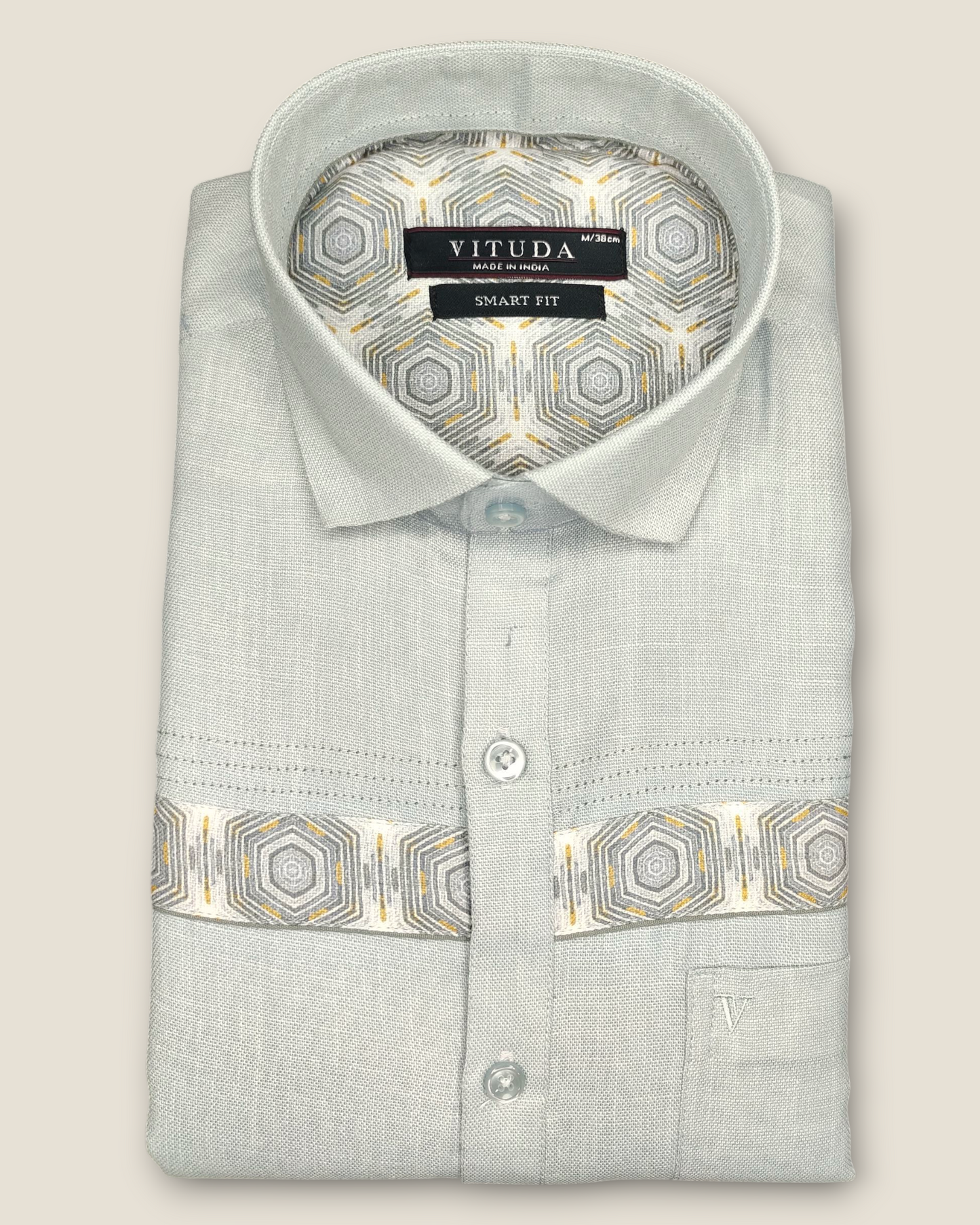 Men's Half Sleeves Party Wear Shirt - Light Grey with Geometric Pattern