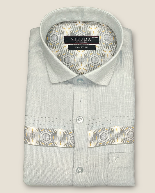 Men's Half Sleeves Party Wear Shirt - Light Grey with Geometric Pattern